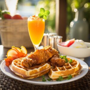 A plate of food with chicken and waffles on it.