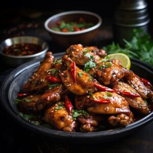 A bowl of chicken wings with chili and lime.