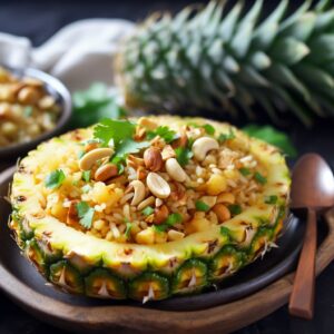 A pineapple with nuts and other ingredients on it.
