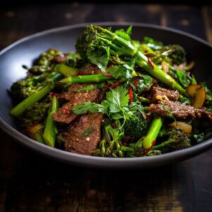 A bowl of beef and broccoli stir fry.