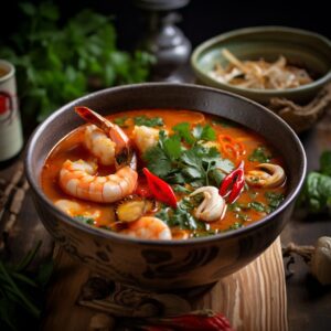 A bowl of soup with shrimp and cilantro.