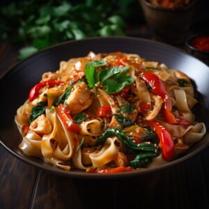 A bowl of pasta with red peppers and spinach.
